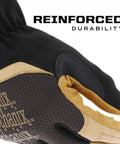 Close-up of a Fastfit Leather Work Glove showing reinforced durability in brown and black, size large, for tough jobs.