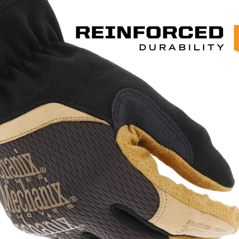 Close-up of a Fastfit Leather Work Glove showing reinforced durability in brown and black, size large, for tough jobs.