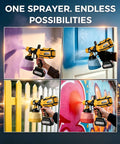 Heavy Duty Cordless Paint Sprayer For House Painting With Two 4000 Mah Batteries spraying various colors on walls and fences.