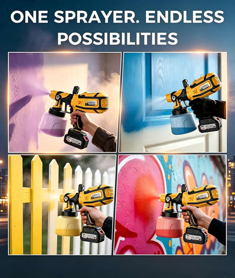 Heavy Duty Cordless Paint Sprayer For House Painting With Two 4000 Mah Batteries spraying various colors on walls and fences.
