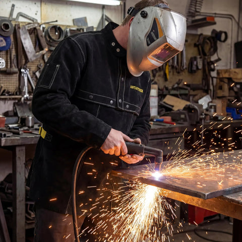 Person welding in leather welding jacket with open back, cape sleeve, detachable 20 inch bib apron; flame resistant welder coat