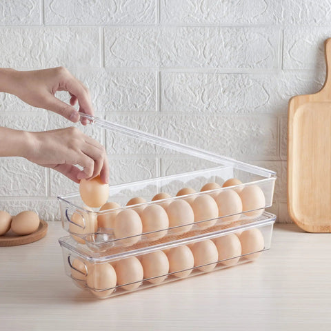 Clear Stackable Egg Organizer For Fridge Fits 14 Eggs BPA Free Plastic Storage Bin For Fridge Organization Durable No Mess Crystal Clear Tray Set 2 Pack Bundle
