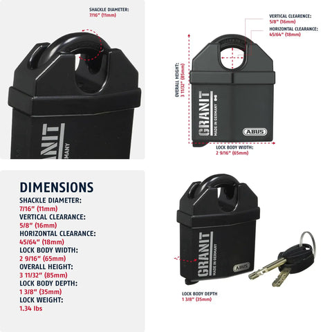 Granit Alloy Steel Padlock Keyed Alike 37/60 KA Heavy Duty Security Lock With Disc Cylinder Hardened Shackle And Body 6Ton Resistance Ideal For Home Garage Shop And Storage Code 5544653 dimensions and key