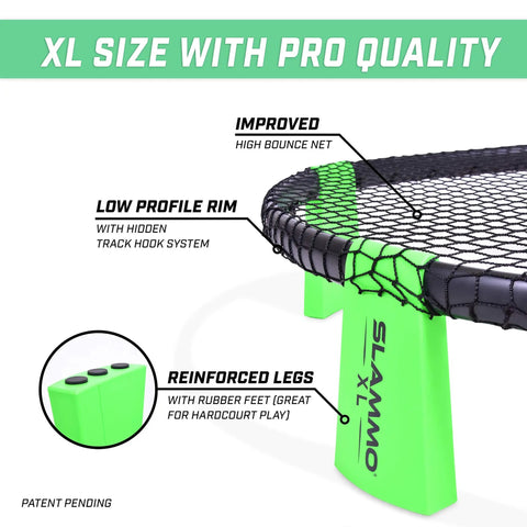 Slammo XL Extra Large Round Net Game For Beginners, featuring high bounce net, low profile rim, and reinforced legs for stability.