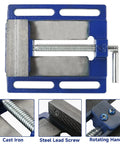 Built Like A Tank 4 Inch Drill Press Vise With Slotted Cast Iron Base And Precision Steel Jaw Plates overhead view of metalworking tool.