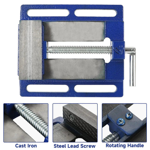 Built Like A Tank 4 Inch Drill Press Vise With Slotted Cast Iron Base And Precision Steel Jaw Plates overhead view of metalworking tool.