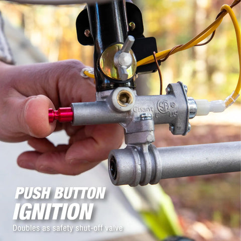 Close-up of the match lit ignition of Dual Swivel Burner Outdoor Propane Heater for Deck or Patio, push button safety feature visible.