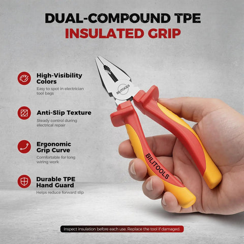 1000V Insulated Lineman Pliers, 6 Inch, VDE Certified Combination Pliers For Electrical Wiring, Cr-V Steel With Non-Slip Grips, Heavy Duty Pliers For Electricians, Safe, Reliable, All-Purpose Workhorse. Dual-compound insulated grip on 6-inch pliers