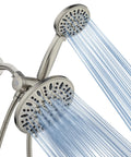Premium 7 Inch High Pressure Three Way Rainfall Shower Head Set With Stainless Steel Hose And Handheld Six Setting Spa Shower Separate Or Combined Use Brushed Nickel Finish showing dual heads with water flow.