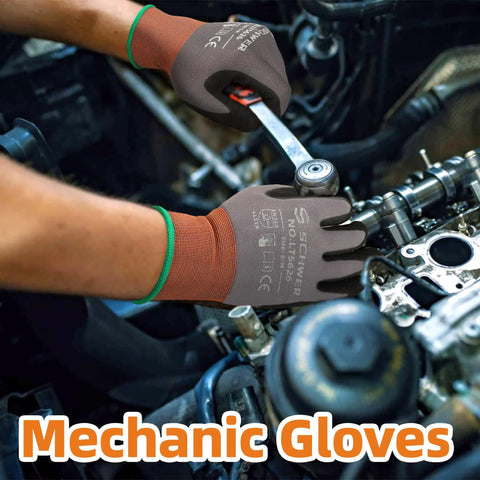 Mechanic using 6 Pairs Sandy Nitrile Coated Safety Work Gloves Level 6 Abrasion Resistance, Heavy Duty Grip For Mechanic, Construction.