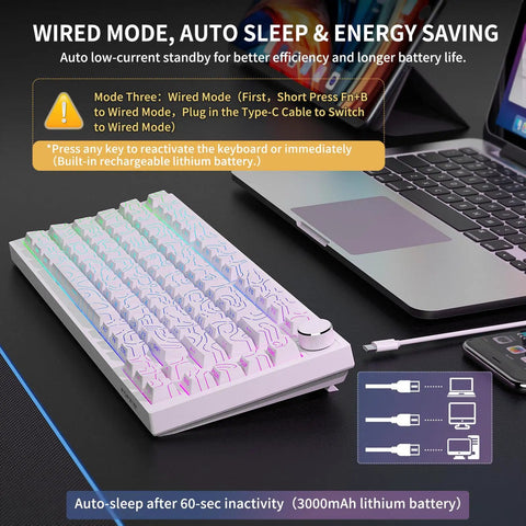 Fresh White 75 Percent Wireless Mechanical Keyboard With Volume Dial Knob And Hot Swap Sockets Tri Mode Bluetooth USB C Wired RGB Backlit in wired mode.