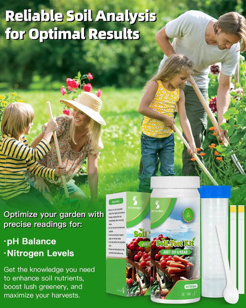 Family using Two In One PH And Nitrogen Soil Test Kit For Home Gardens And Lawns near garden, product box in foreground