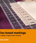 Seam Ready Sewing Ruler 3 By 18 Inch Acrylic Grid Ruler with highlighted seam allowances on purple fabric surface.