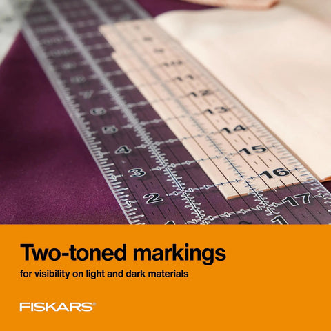 Seam Ready Sewing Ruler 3 By 18 Inch Acrylic Grid Ruler with highlighted seam allowances on purple fabric surface.