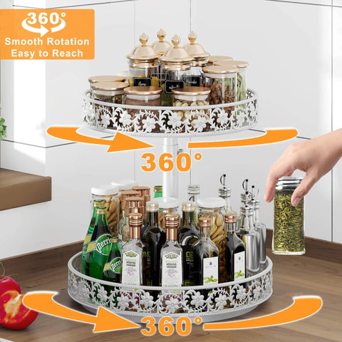12 Inch 2 Tier Lazy Susan Turntable Organizer Adjustable Height Smooth Rotation Kitchen Countertop Spice Rack White Heavy Duty with accessible spice jars.