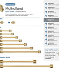 Mulholland Champagne Bronze Cabinet Pull product range including 5-1/16 Inch Center to Center handle with dimensions chart.