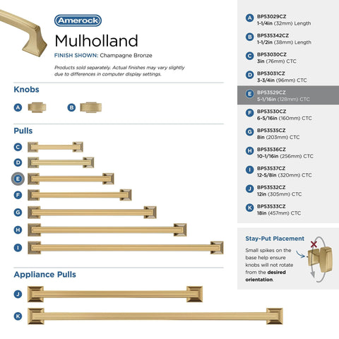Mulholland Champagne Bronze Cabinet Pull product range including 5-1/16 Inch Center to Center handle with dimensions chart.
