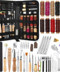 All In One Leather Working Kit For DIY Fans With Storage Bag Pro Grade Stitching Tools Groover Prong Punch Waxed Thread In 10 Colors Stamps Thimbles Finger Cots And Scissors For Easy Craft Making And Punching image