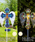 Solar Glass Cross Garden Stake Light With Angel Wings And Stained Glass Look in day and night settings