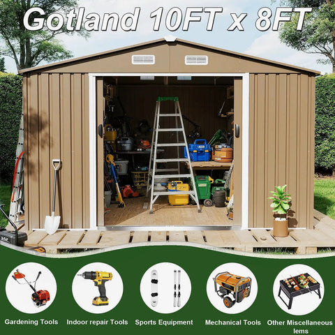 10x8 Foot Outdoor Storage Shed With Large Window Durable Metal Construction Sloped Roof Air Vents And Two Lockable Sliding Doors Perfect Backyard Organization For Tools Ladders Garden Gear Brown