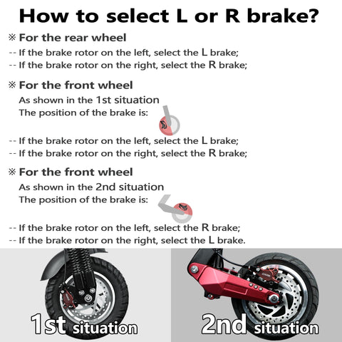 Instructions for selecting left or right brake for High Performance Electric Scooter Hydraulic Disc Brake Kit.