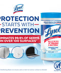 Disinfecting Wipes For Dorm Room Essentials Multi Surface Antibacterial Cleaning Wipes That Kill Ninety Nine Point Nine Percent Of Viruses And Bacteria COVID 19 Safe Crisp Linen Scent Eighty Count Quick Cleanup image shows Lysol wipes packaging and safety features.