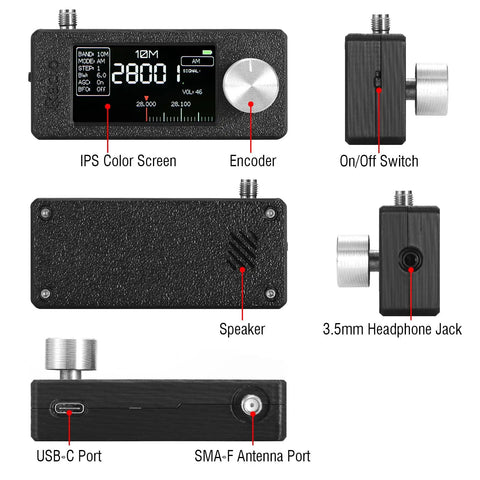All-Band DSP Radio With Si4732 Chip For FM SW MW LW VHF CB Reception LSB USB Modes showing side ports and color screen