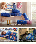Toddler Nap Mat With Removable Pillow And Minky Blanket 55 By 30 Inches Colorful Dinosaur Design for kids rolled up on a bench