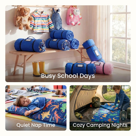 Toddler Nap Mat With Removable Pillow And Minky Blanket 55 By 30 Inches Colorful Dinosaur Design for kids rolled up on a bench