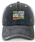 Front view of Proverbs 16 18 Dope Mens Trucker Hat with colorful text and mesh back, showing cool tennis style for everyday wear.