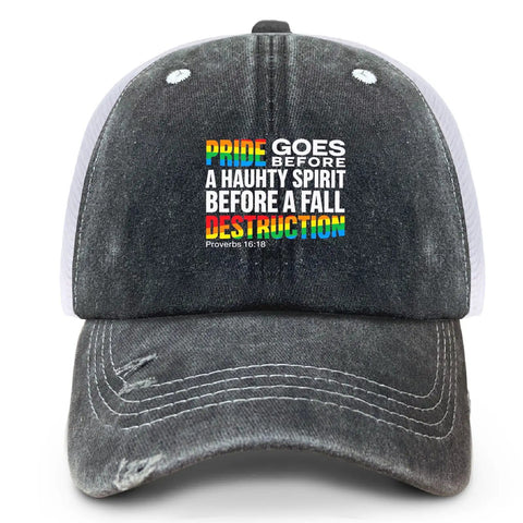 Front view of Proverbs 16 18 Dope Mens Trucker Hat with colorful text and mesh back, showing cool tennis style for everyday wear.