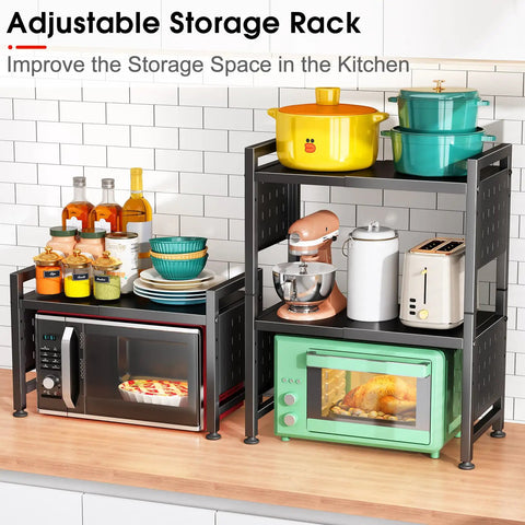 Heavy Duty Microwave Stand With Expandable 3 Tier Frame And Adjustable Height For Tight Kitchen Counters Nine Hanging Hooks And Cutting Board Rack Holds A Ton Up To 180 Pounds In Matte Black
