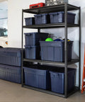 Heavy Duty 18 Gallon Storage Tote Set With Lids And Handles, Stackable Plastic Bins, 6 pack on garage shelf, Dark Indigo Metallic