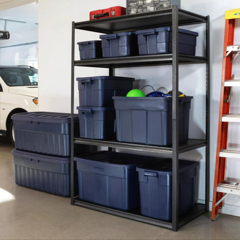 Heavy Duty 18 Gallon Storage Tote Set With Lids And Handles, Stackable Plastic Bins, 6 pack on garage shelf, Dark Indigo Metallic
