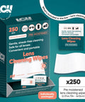 Front view of teal Lens Cleaning Wipes box, 250 pcs, pre-moistened, individually wrapped.