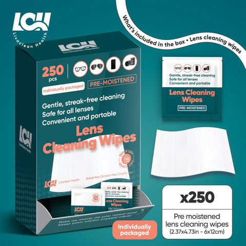 Front view of teal Lens Cleaning Wipes box, 250 pcs, pre-moistened, individually wrapped.