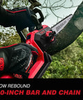 Close-up of 10 Inch Cordless Chainsaw With Brushless Motor Auto Oiler For Wood Cutting in action on a tree branch.