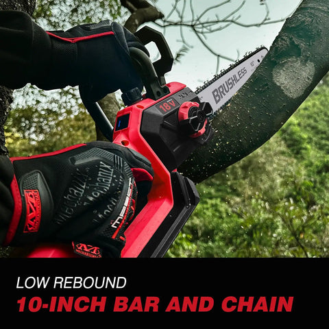 Close-up of 10 Inch Cordless Chainsaw With Brushless Motor Auto Oiler For Wood Cutting in action on a tree branch.