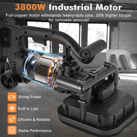 Powerhouse Four Head Concrete Grinder Set with 3800W motor and dust extraction shroud for heavy-duty industrial floor grinding.