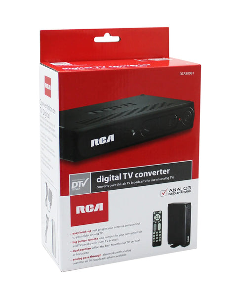 Digital To Analog Pass Through TV Converter Box With Easy Hookup Big Button Remote shown in packaging