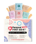 Mini travel first aid kit with pastel sachets including triple antibiotic, antiseptic wipe, burn gel, gauze.