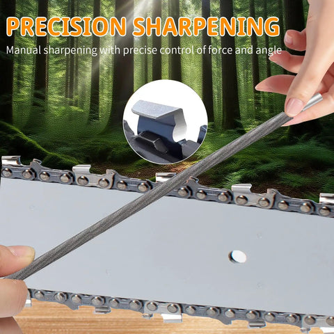 Person manually sharpening chainsaw chain with 12-Pack Five Thirty Second Inch Chainsaw File Set With Four Millimeter Round Sharpening Files.
