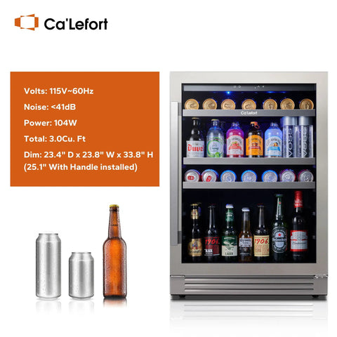24 Inch Beverage Refrigerator With Glass Door For Home Kitchen Holds 140 To 180 Cans, Built In Or Freestanding Cooler