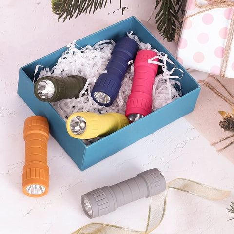 Colorful box of Six Pack Of Compact LED Flashlights With 100 Lumen Output Includes 18 AAA Batteries Mini Pocket Lights For Camping