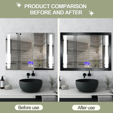 Before and after use of Self Adhesive Wood Grain Repair Tape 2.4 Inch By 15 Foot Red Oak Finish in bathroom mirror frame