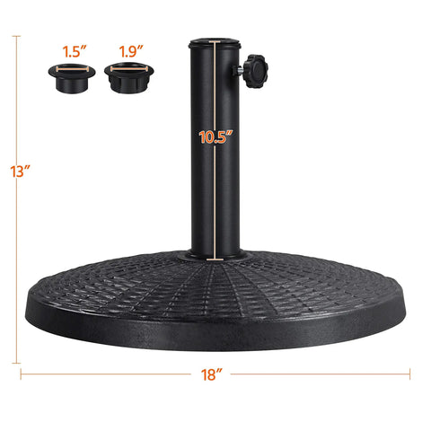 Beefed Up Heavy Duty Outdoor Umbrella Base 22 Lbs 18 Inch Round Patio Stand For Market Umbrellas with adjustable ring sizes.