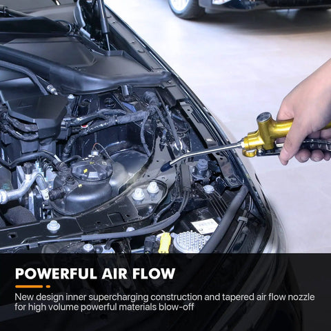 Hand using Powerful High Flow Industrial Air Blow Gun With Rubber Guard And Wide Air Nozzle For Heavy Duty Dust Cleaning on engine.
