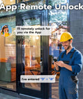 Sliding Glass Door Lock With Biometric Fingerprint, Keypad, RFID And Remote App Control For Patio Doors in use by worker