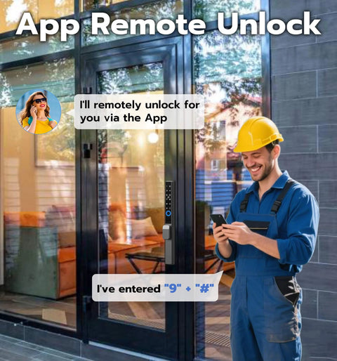 Sliding Glass Door Lock With Biometric Fingerprint, Keypad, RFID And Remote App Control For Patio Doors in use by worker