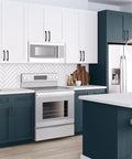 Modern kitchen with Set Of 10 Matte Black 5 Inch Arch Pulls With Curved Flat Square Design Solid Zinc Alloy Construction on white cabinets.